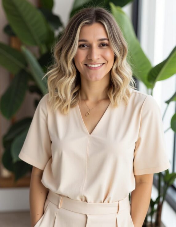 mulher cabelos loiros em pé com folhagens ao fundo