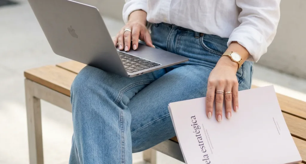 mulher com notebook apoiado no colo