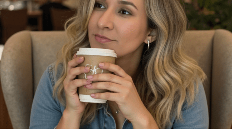 mulher de cabelos loiros segurando copo de café ao fundo uma poltrona bege