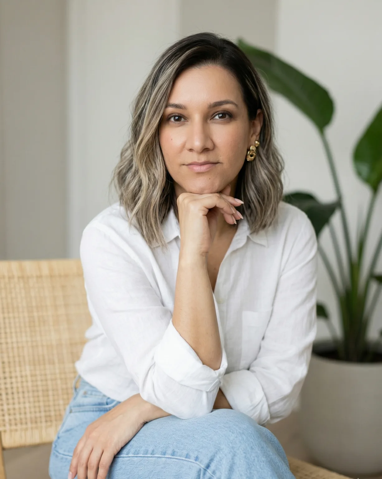 consultora seo em uma poltrona com mao sob o queixo